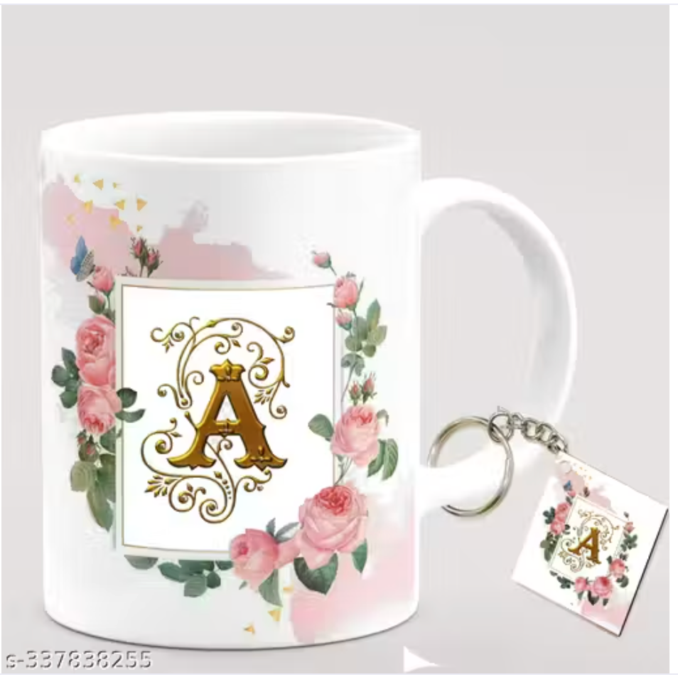 PRINTED" A " COFFEE MUG WITH KEYCHAIN COMBO SET FOT GIRLFRIND ;BOYFRINDS, WIFE HUSBAND COMBO SET CODE067