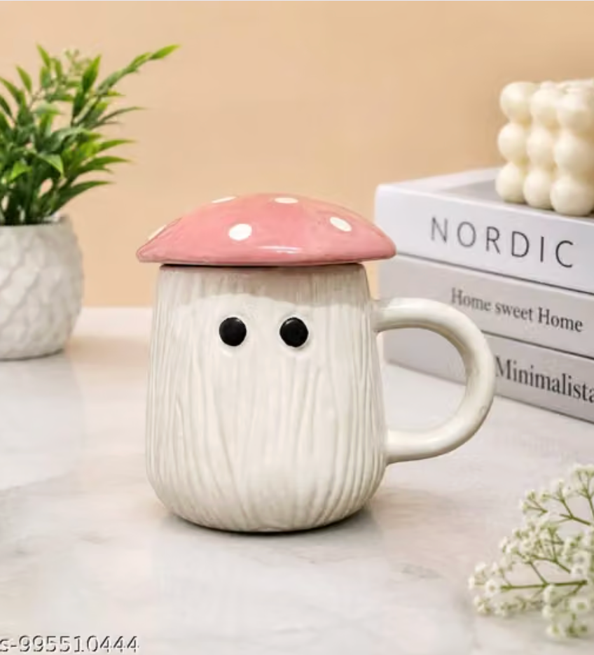 Cute Ghost Ceramic Coffee Mug with Decorative Mushroom Lid